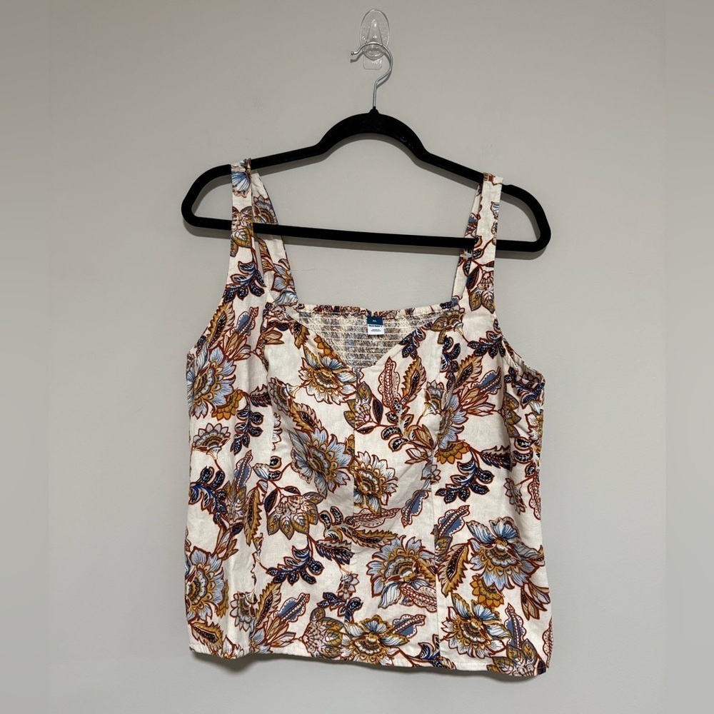 Old Navy Floral Print Linen Sleeveless Sweetheart Smocked Top Size XL Boho